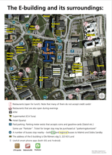 Graphic overview of the E-house and restaurants, parking, bus stops and more.