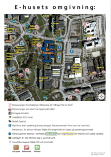 Grafisk översikt över E-huset och serveringar, parkeringar, busshållplatser och annat.